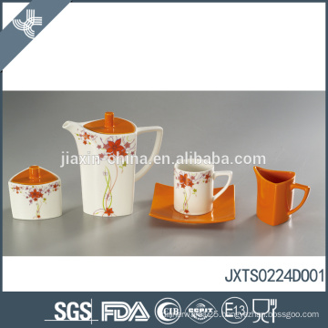 Orange wholesale custom tea set beautiful decal design porcelain tea pot